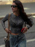 Dulzura Sexy Long Sleeves Tops Mesh T Shirt Leopard Printed Bodycon Women Clothes Lady Party Club Streetwear Casual Nightout Y2K